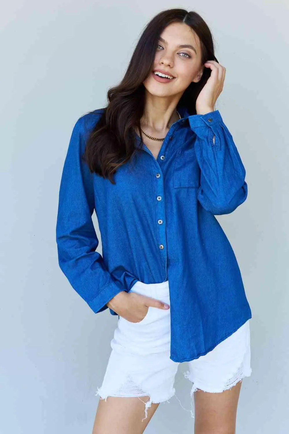 Doublju Blue Jean Baby Denim Button Down Shirt Top in Dark