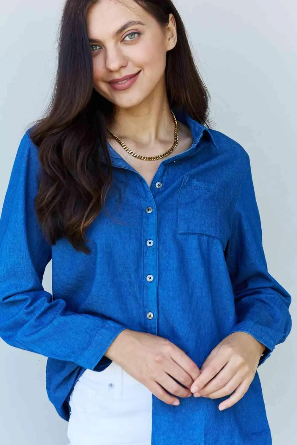 Doublju Blue Jean Baby Denim Button Down Shirt Top in Dark