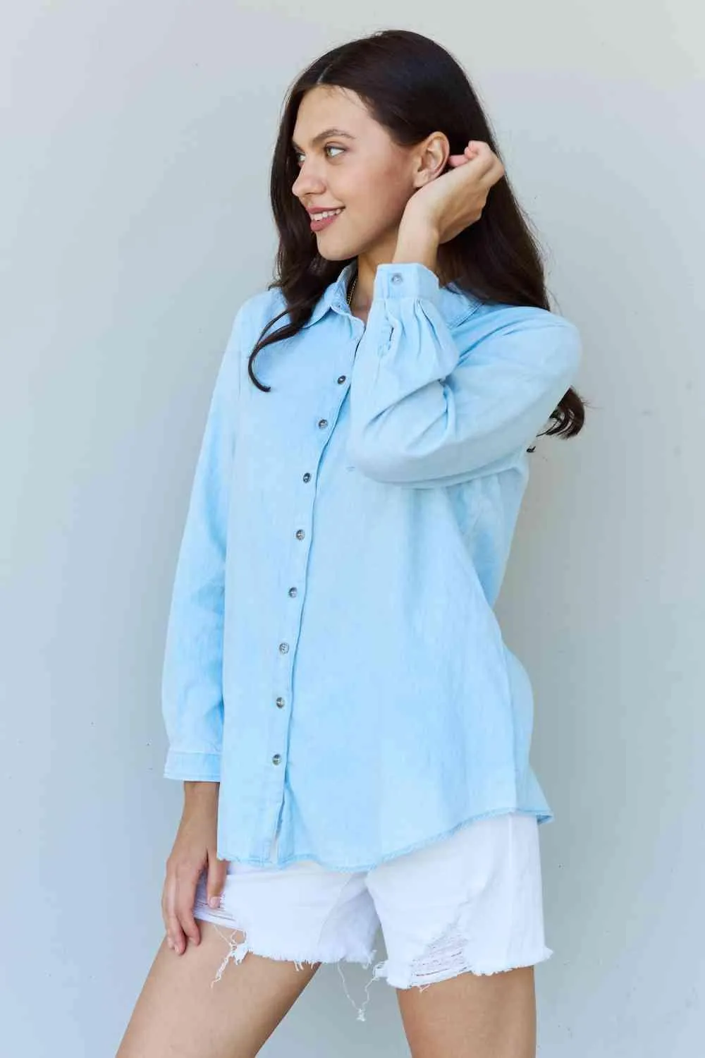 Doublju Blue Jean Baby Denim Button Down Shirt Top in Light