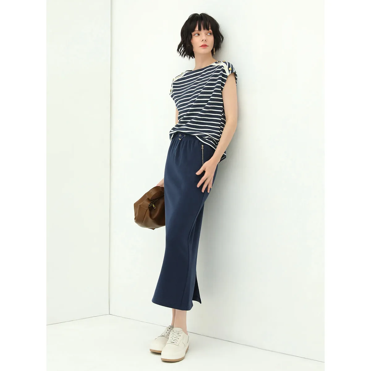 Elastic Drawcord Back-Slit Navy Skirt