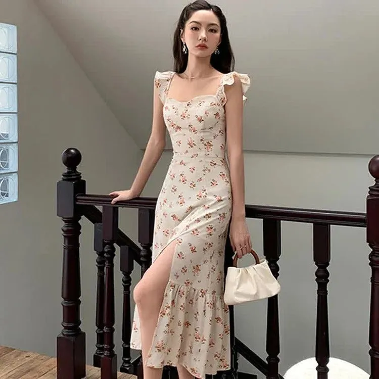 Elegant Vintage Lace Up Cardigan and Floral Slip Dress Set