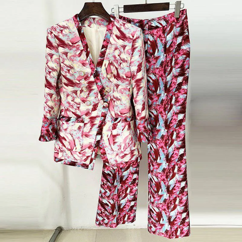 Ellen Long Sleeve Feather Print Top & Flared Feather Print Pants Set