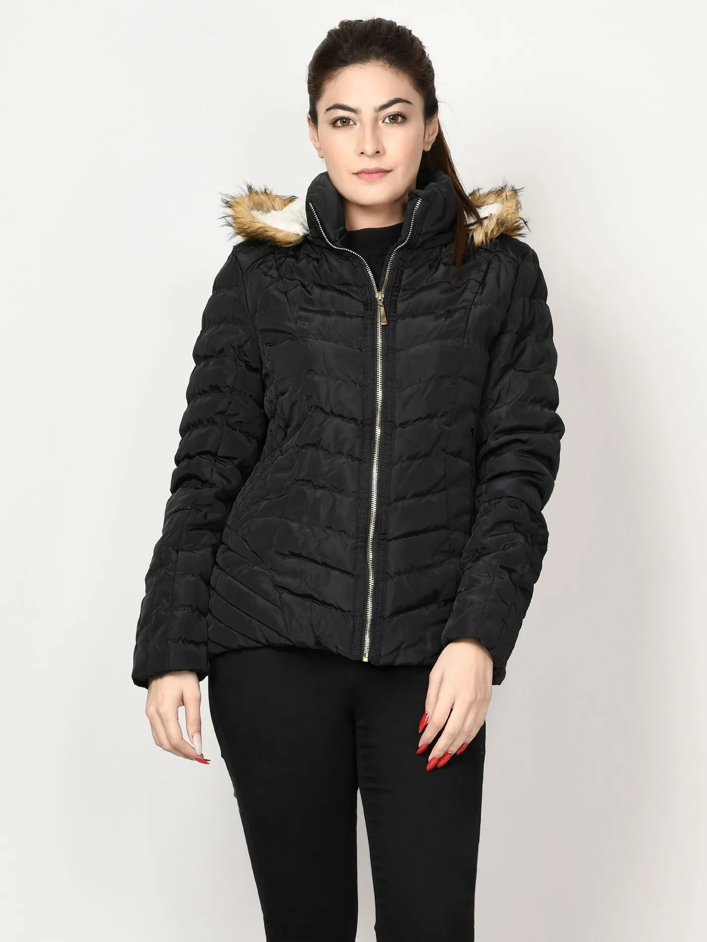 Faux Fur Puffer Jacket - Black