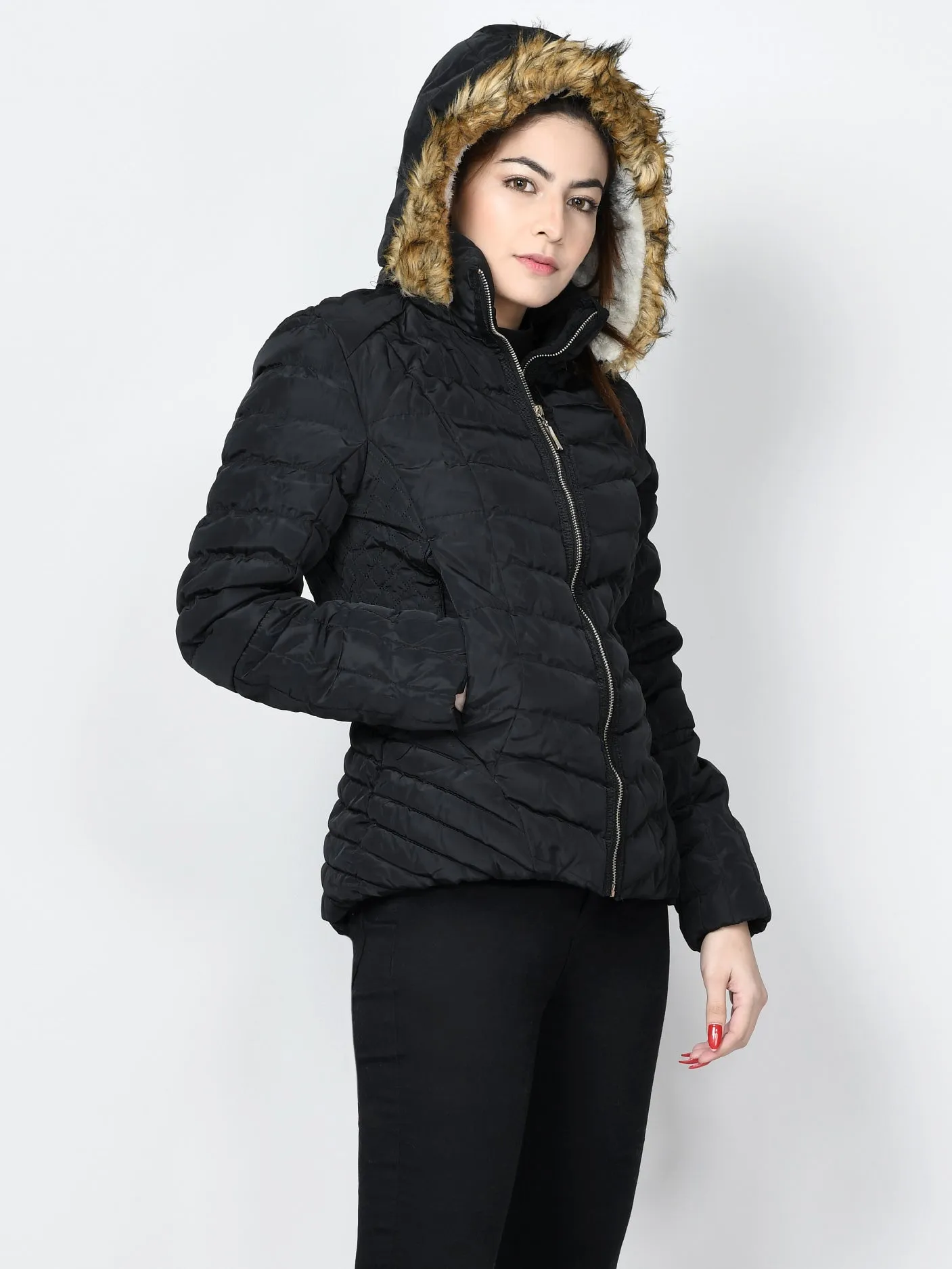 Faux Fur Puffer Jacket - Black