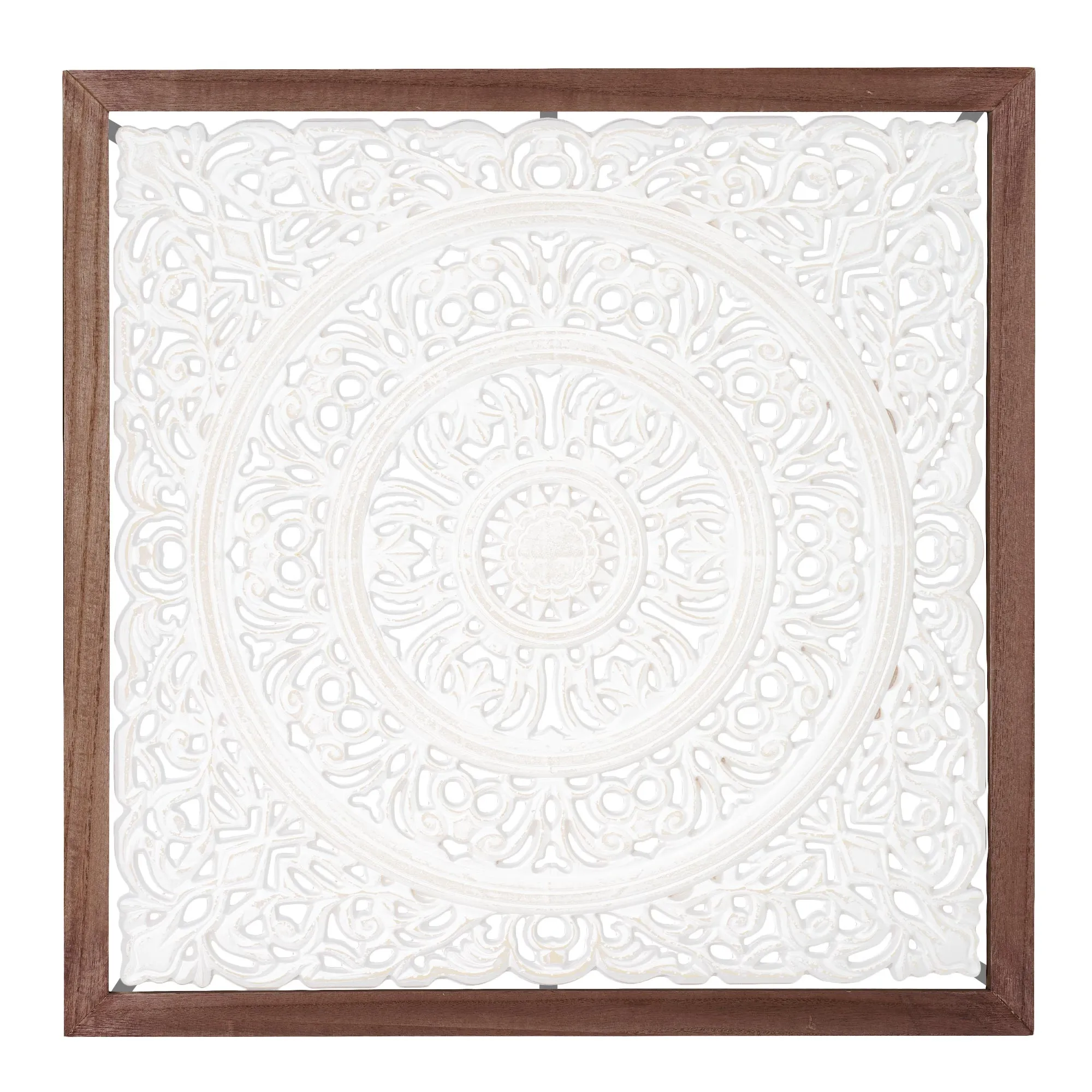 Floral Mandala White Square Framed Medallion Boho Wall Art, 24.5"x24.5"