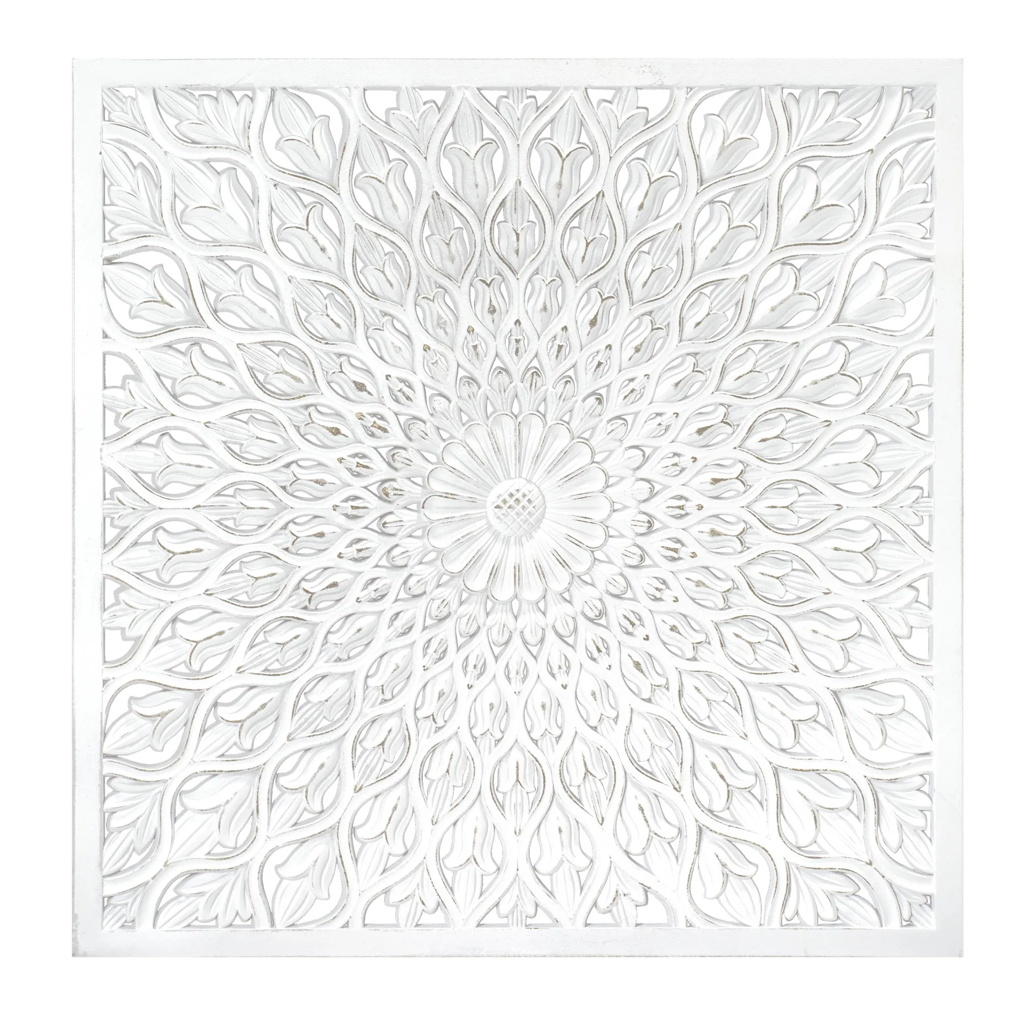 Floral Mandala White Square Framed Medallion Boho Wall Art, 31.4"x31.4"