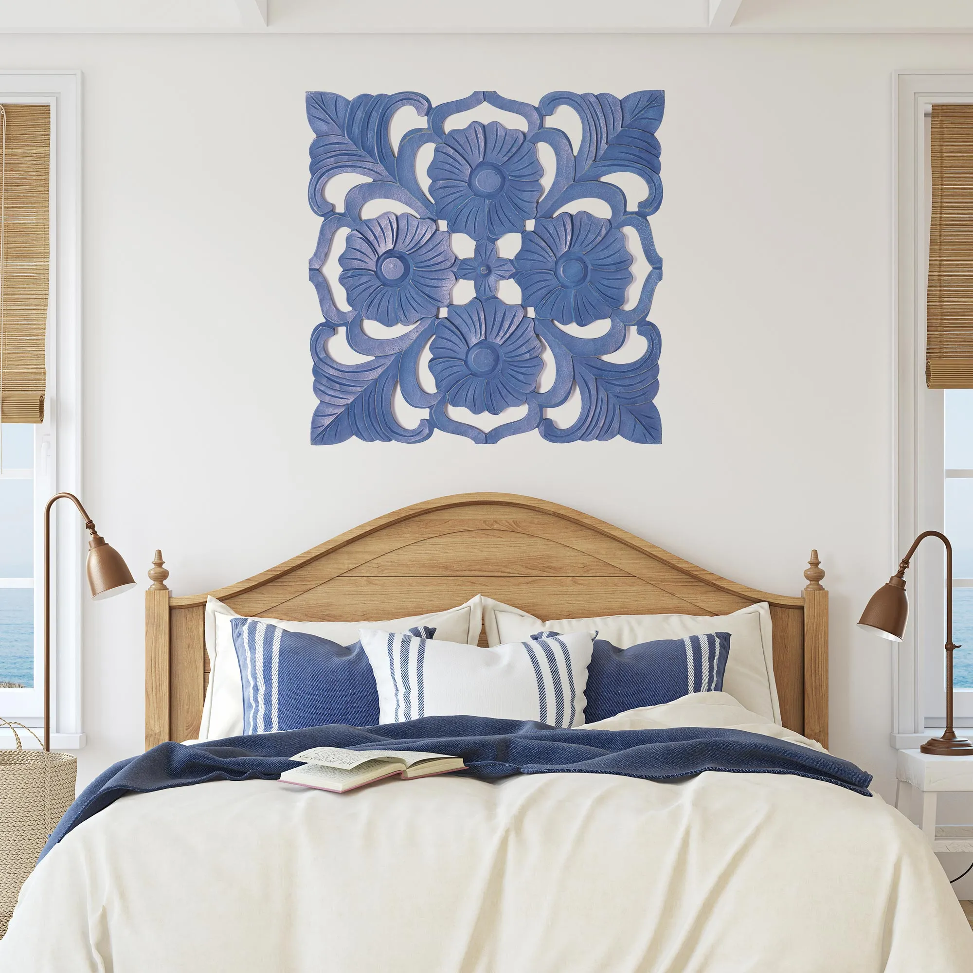 Floral Motif Wood Wall Accent Medallion - Dark Blue (24")