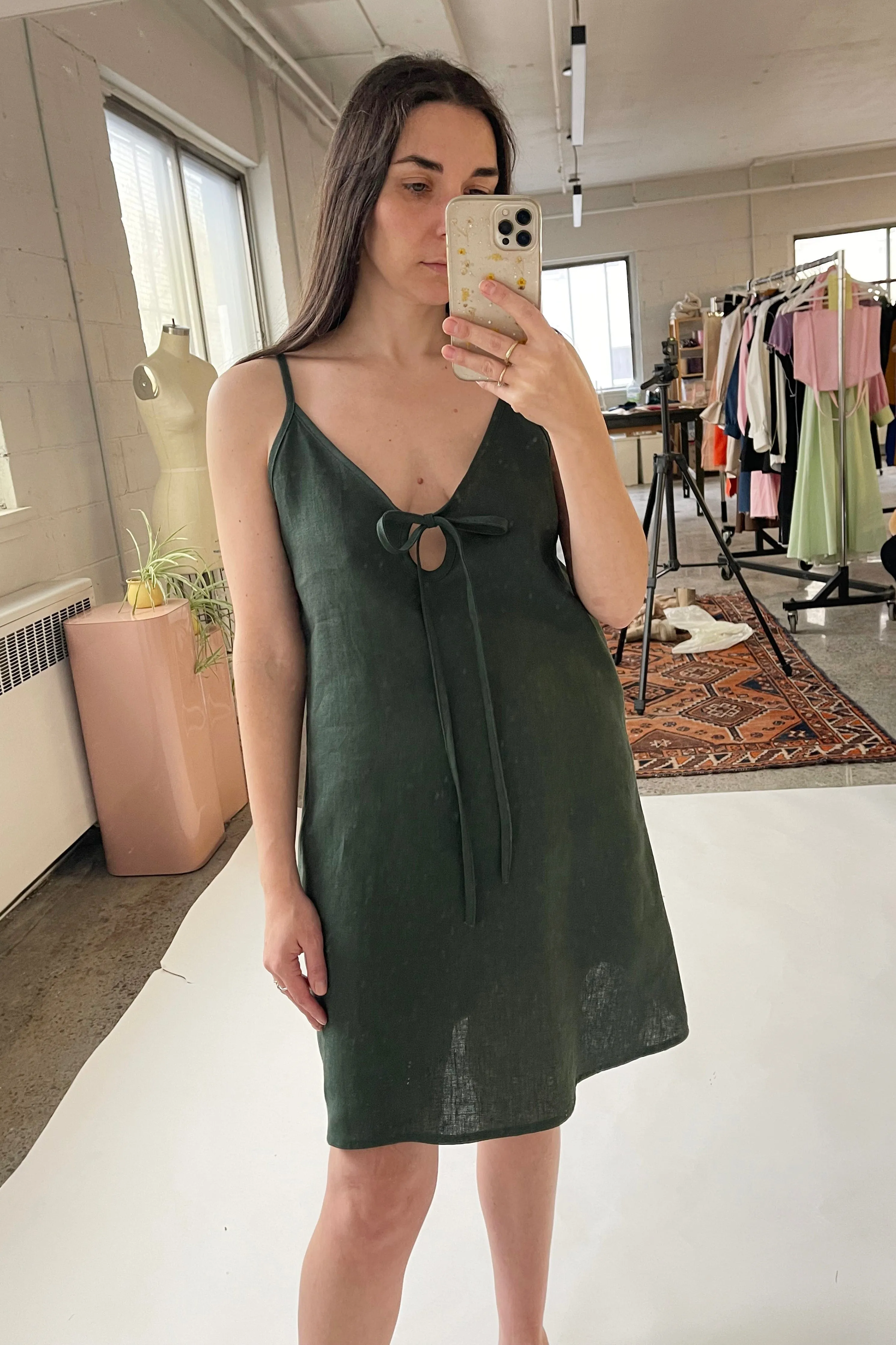 Forest Green Linen Slip Dress