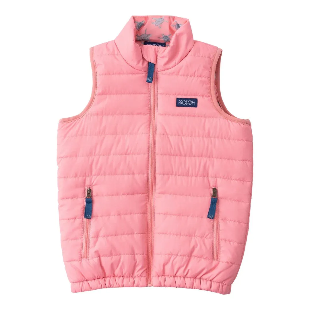 Girl's Puffer Vest in Plumeria Pink with Sea Turtle Print Liner