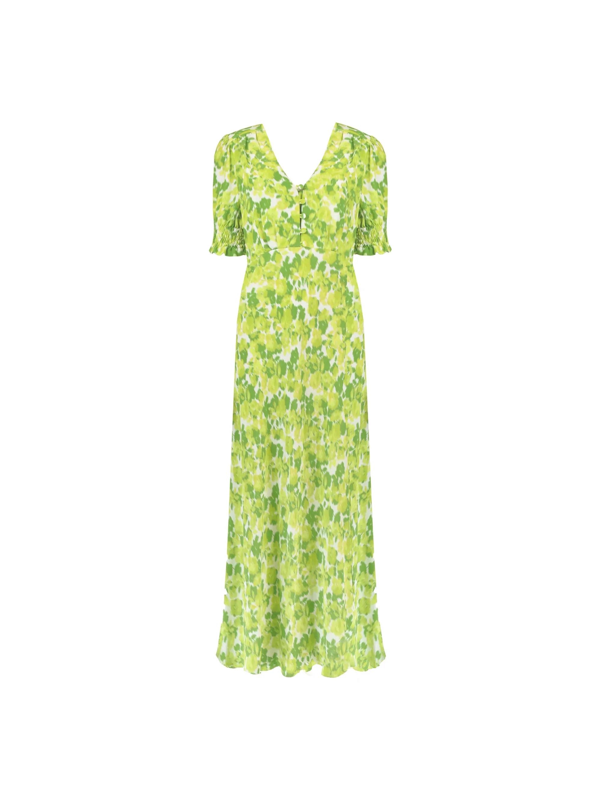 Green Botanical Floral Print Shirred Cuff Midi Dress