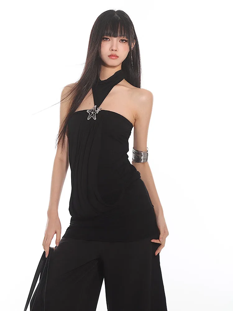 Halter Neck Draped Blouse with Pendant Detail