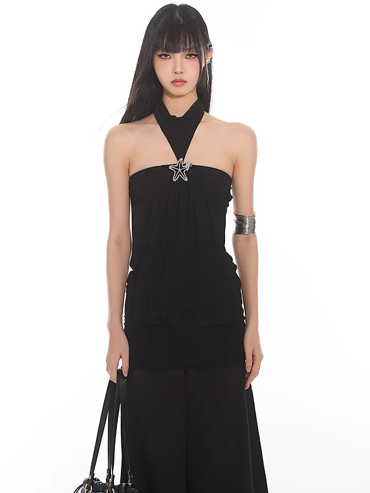 Halter Neck Draped Blouse with Pendant Detail