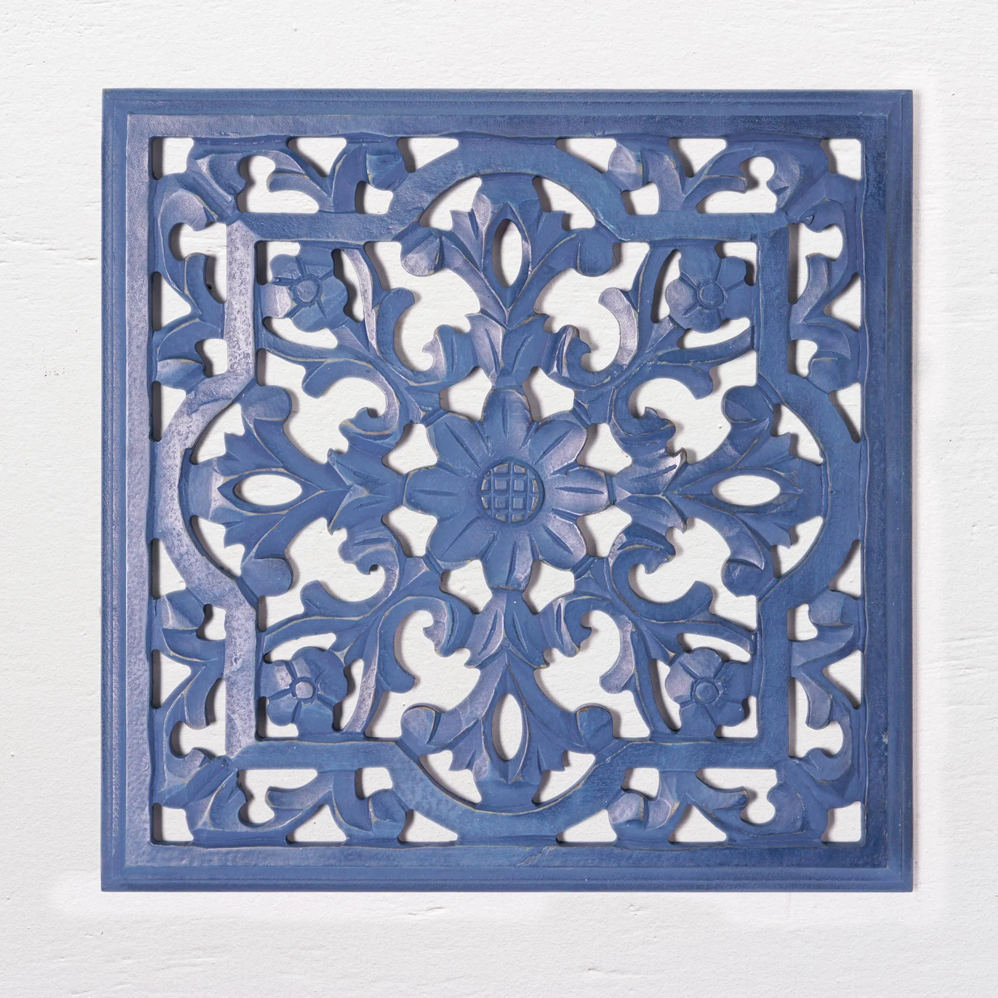 Hand-Carved Latticework Square Wood Wall Medallion - Dark Blue (16")