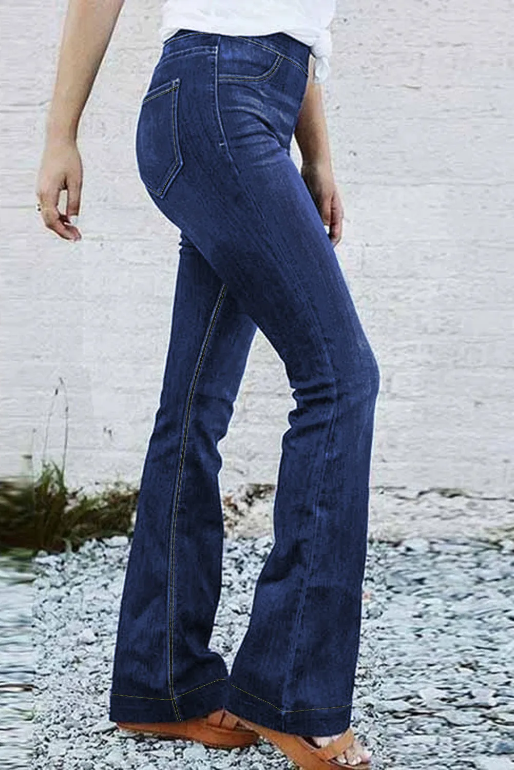 High Waisted Elastic Waist Flare Jeans Bell Bottom for Women