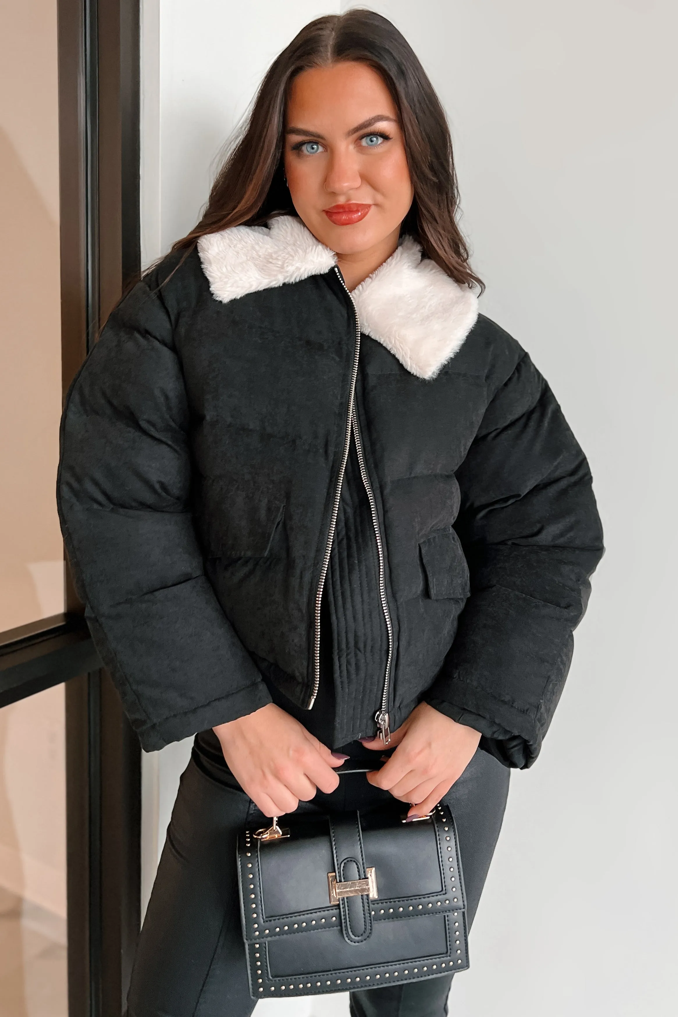 Icy Looks Faux Fur Collar Puffer Jacket (Black)