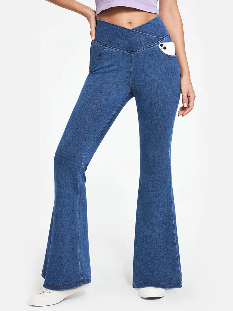 IUGA High Waist Crossover Flare Jeans for Women With Pockets