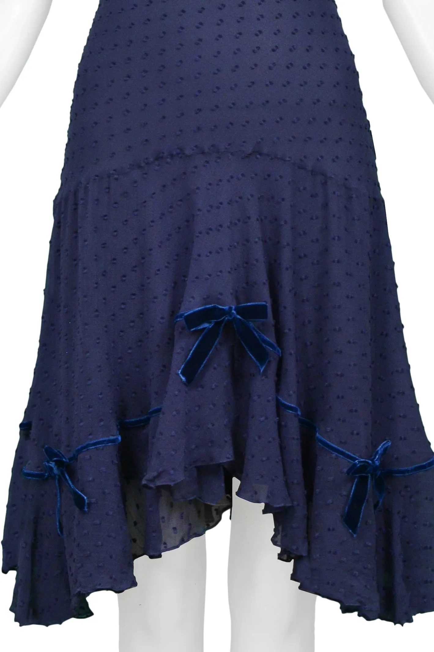 JOHN GALLIANO NAVY BLUE SWISS DOT SILK SLIP DRESS WITH BLUE VELVET BOWS