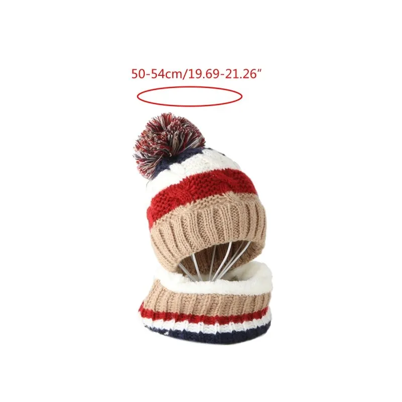 Kids Winter 2Pcs Cable Knit Beanie Hat Scarf Set Cute Pompom Contrast Color Stripes Skull Cap Plush Lined Neck Warmer