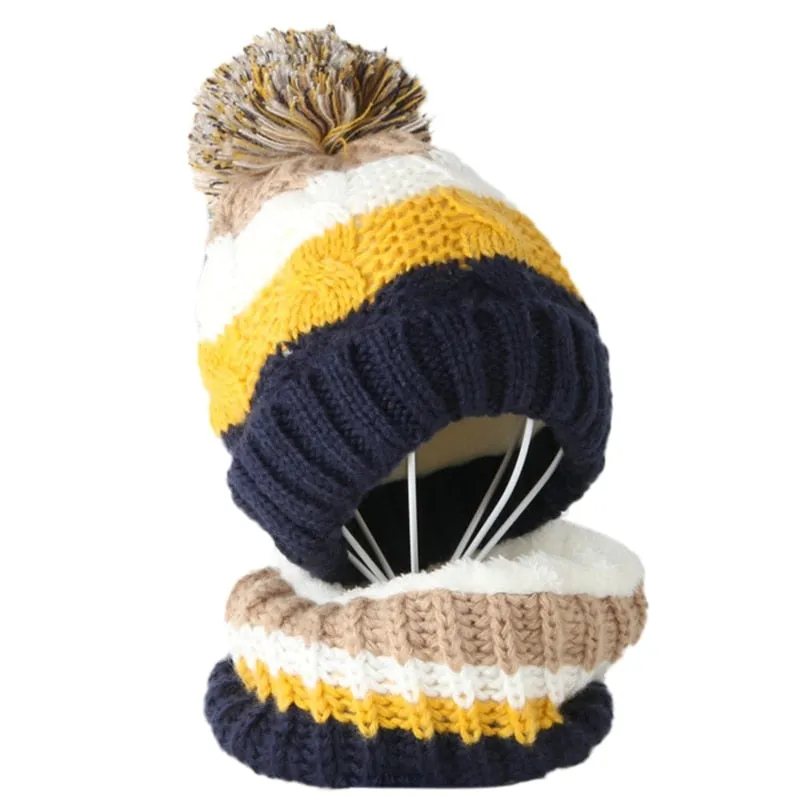 Kids Winter 2Pcs Cable Knit Beanie Hat Scarf Set Cute Pompom Contrast Color Stripes Skull Cap Plush Lined Neck Warmer