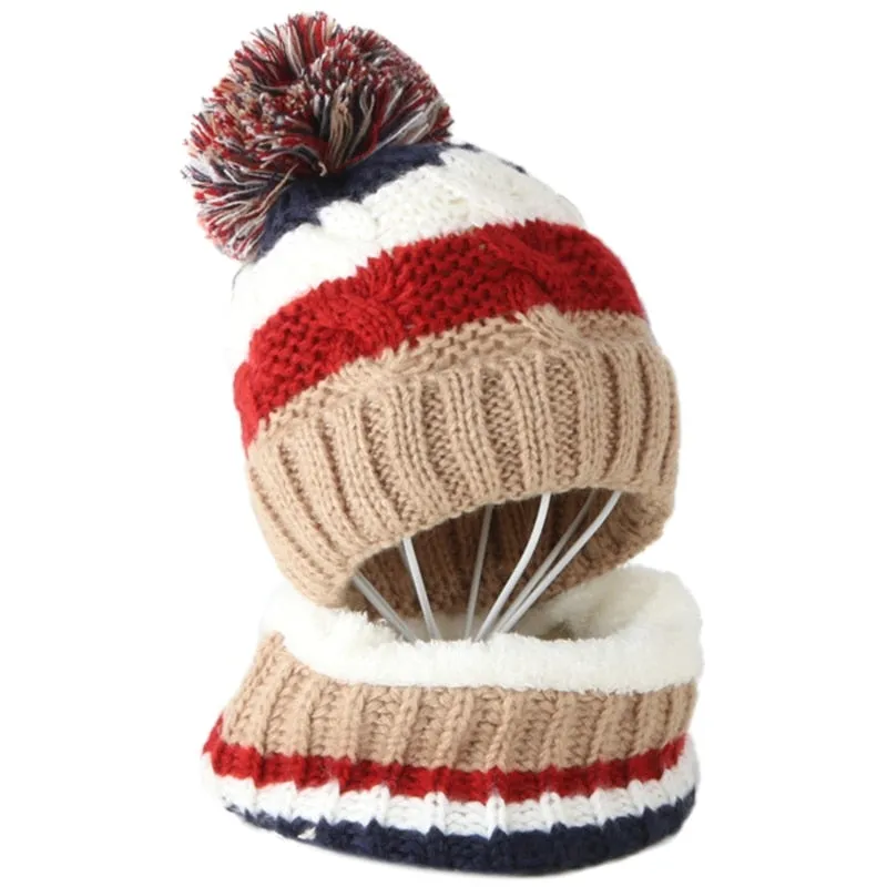 Kids Winter 2Pcs Cable Knit Beanie Hat Scarf Set Cute Pompom Contrast Color Stripes Skull Cap Plush Lined Neck Warmer