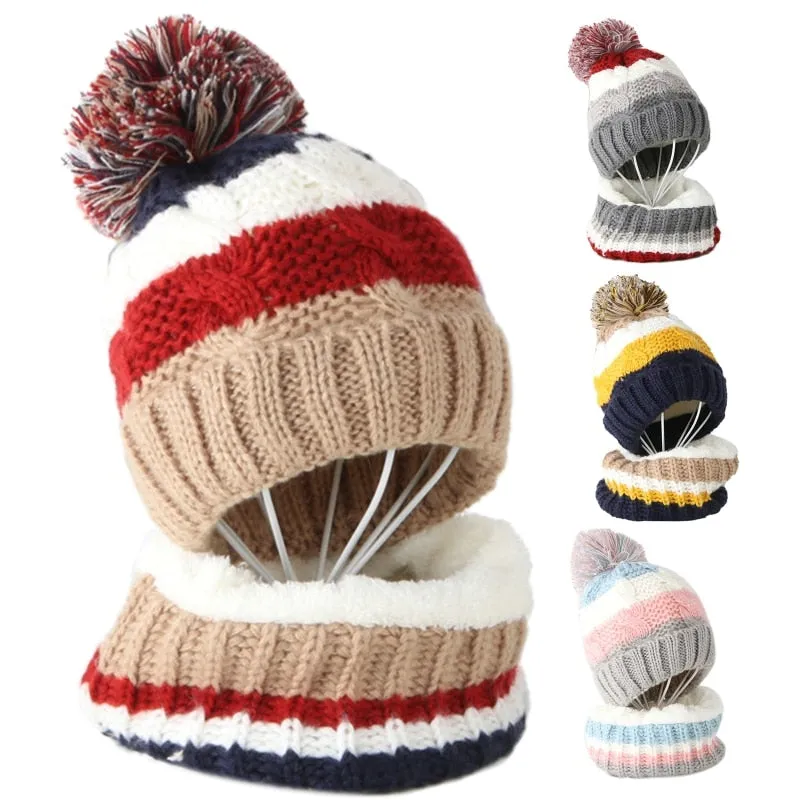 Kids Winter 2Pcs Cable Knit Beanie Hat Scarf Set Cute Pompom Contrast Color Stripes Skull Cap Plush Lined Neck Warmer