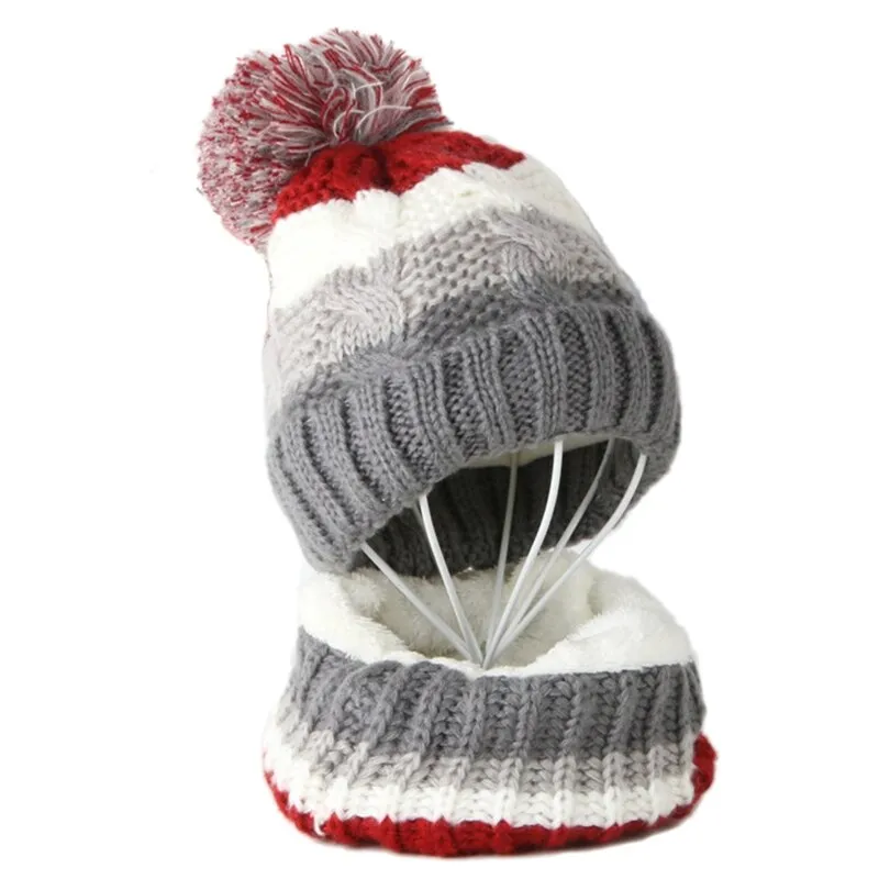 Kids Winter 2Pcs Cable Knit Beanie Hat Scarf Set Cute Pompom Contrast Color Stripes Skull Cap Plush Lined Neck Warmer