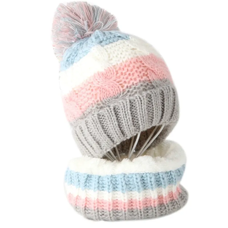 Kids Winter 2Pcs Cable Knit Beanie Hat Scarf Set Cute Pompom Contrast Color Stripes Skull Cap Plush Lined Neck Warmer