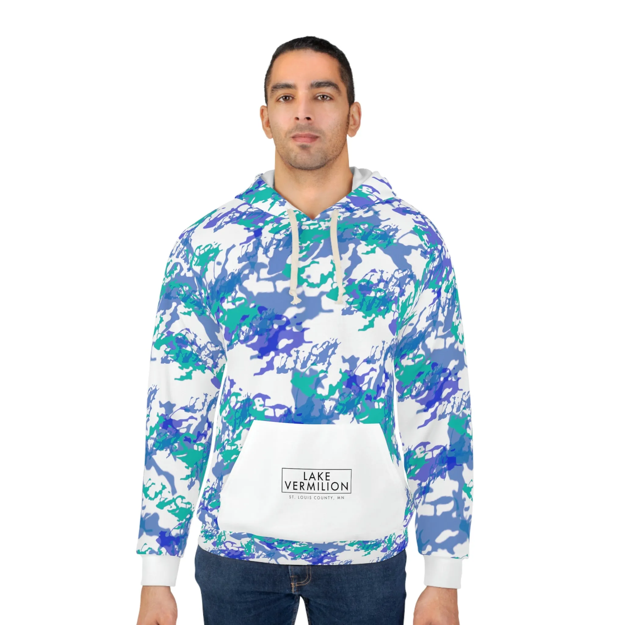 Lake Vermilion - MN - CUSTOM Vermilook® Blue & White Camo - White Pocket - AOP Unisex Pullover Hoodie