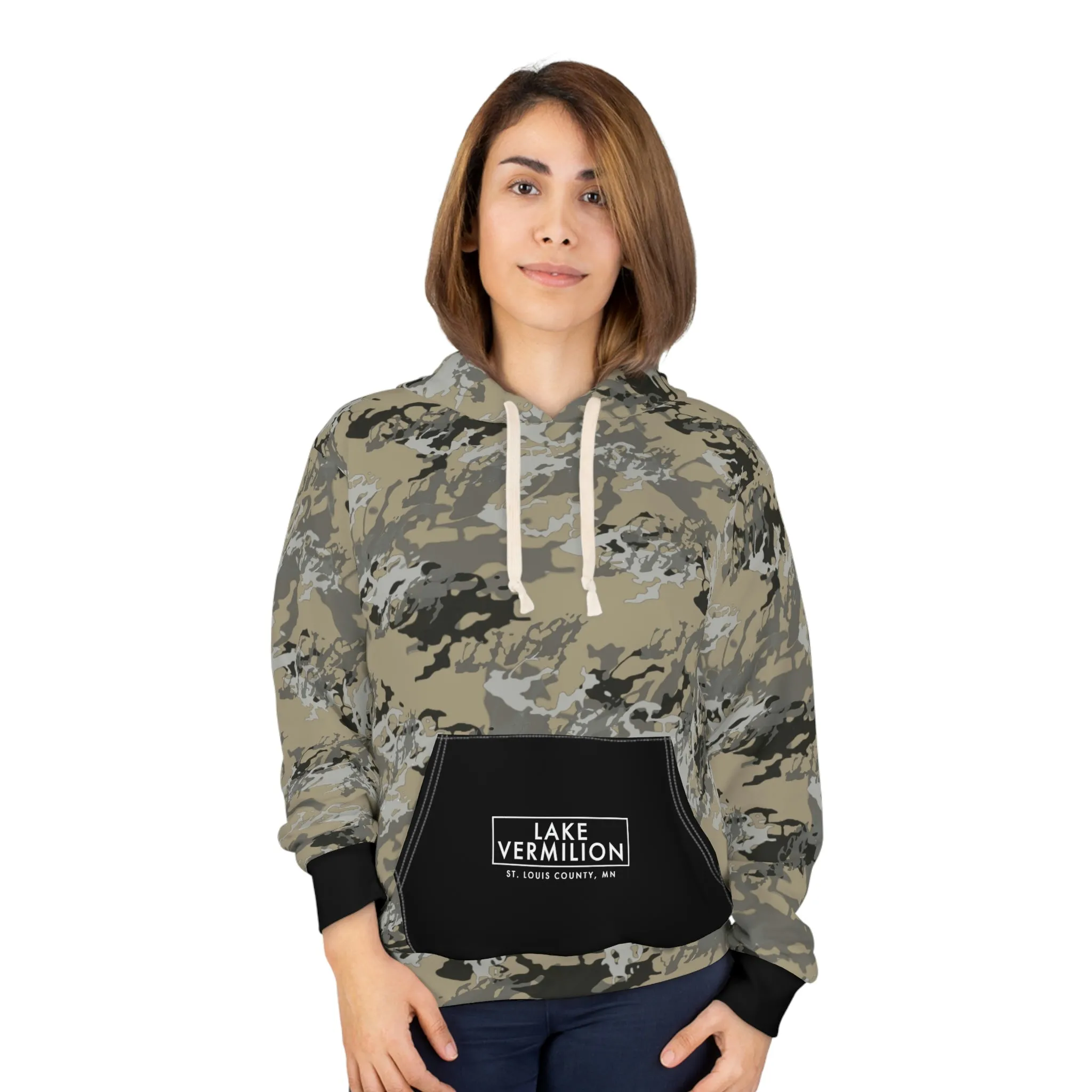 Lake Vermilion - MN - CUSTOM Vermilook®  Medium Darkness Camo - Black Pocket - AOP Unisex Pullover Hoodie