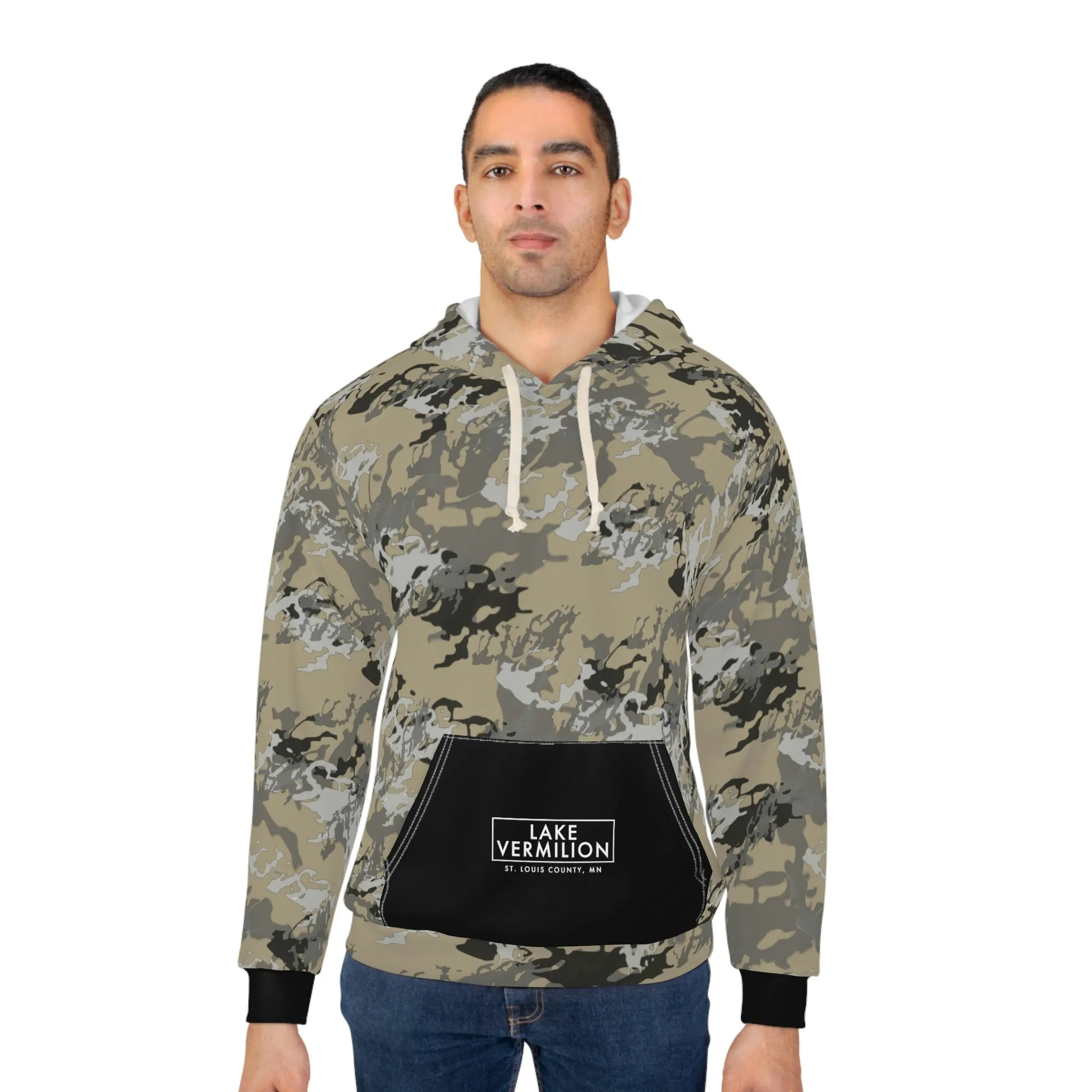 Lake Vermilion - MN - CUSTOM Vermilook®  Medium Darkness Camo - Black Pocket - AOP Unisex Pullover Hoodie