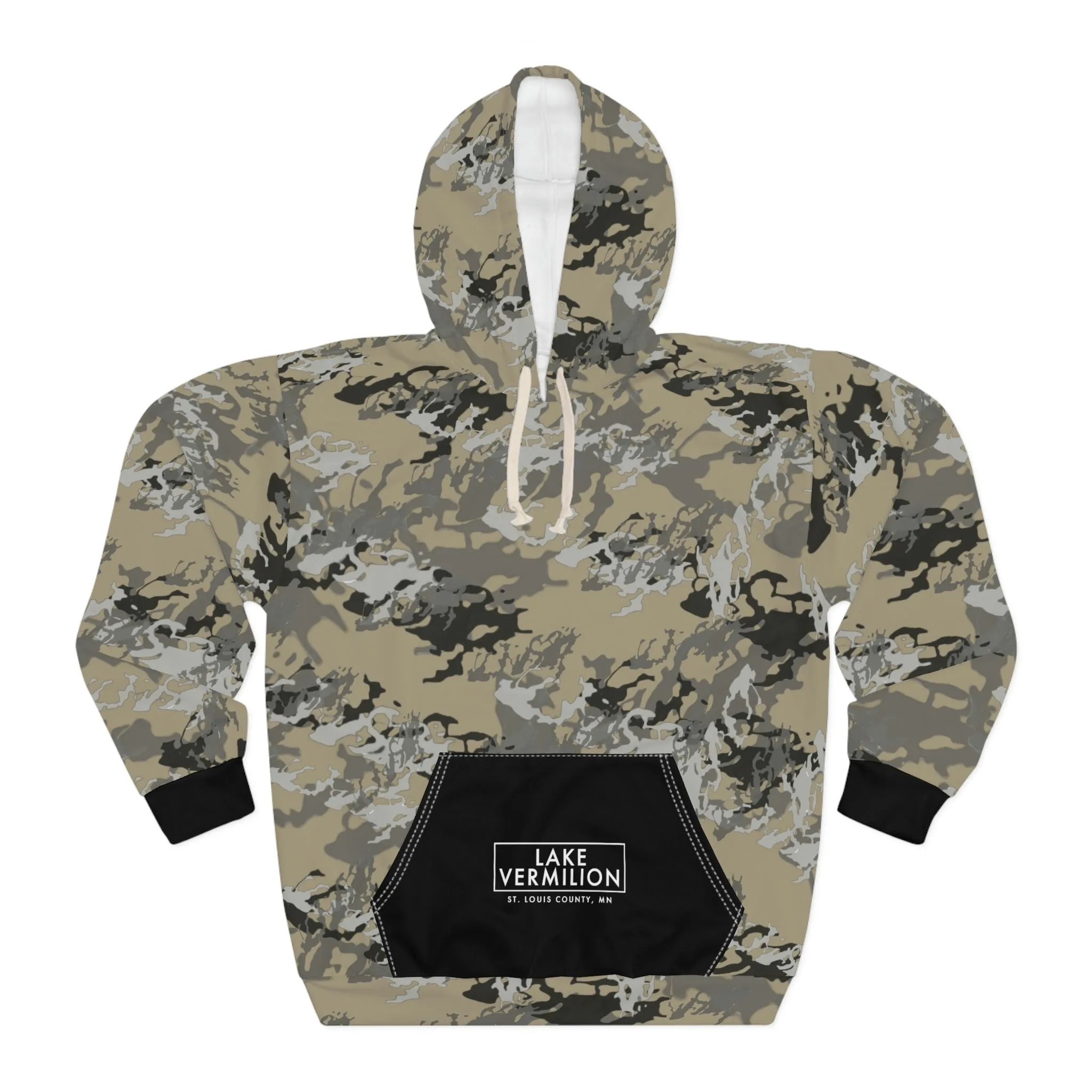 Lake Vermilion - MN - CUSTOM Vermilook®  Medium Darkness Camo - Black Pocket - AOP Unisex Pullover Hoodie