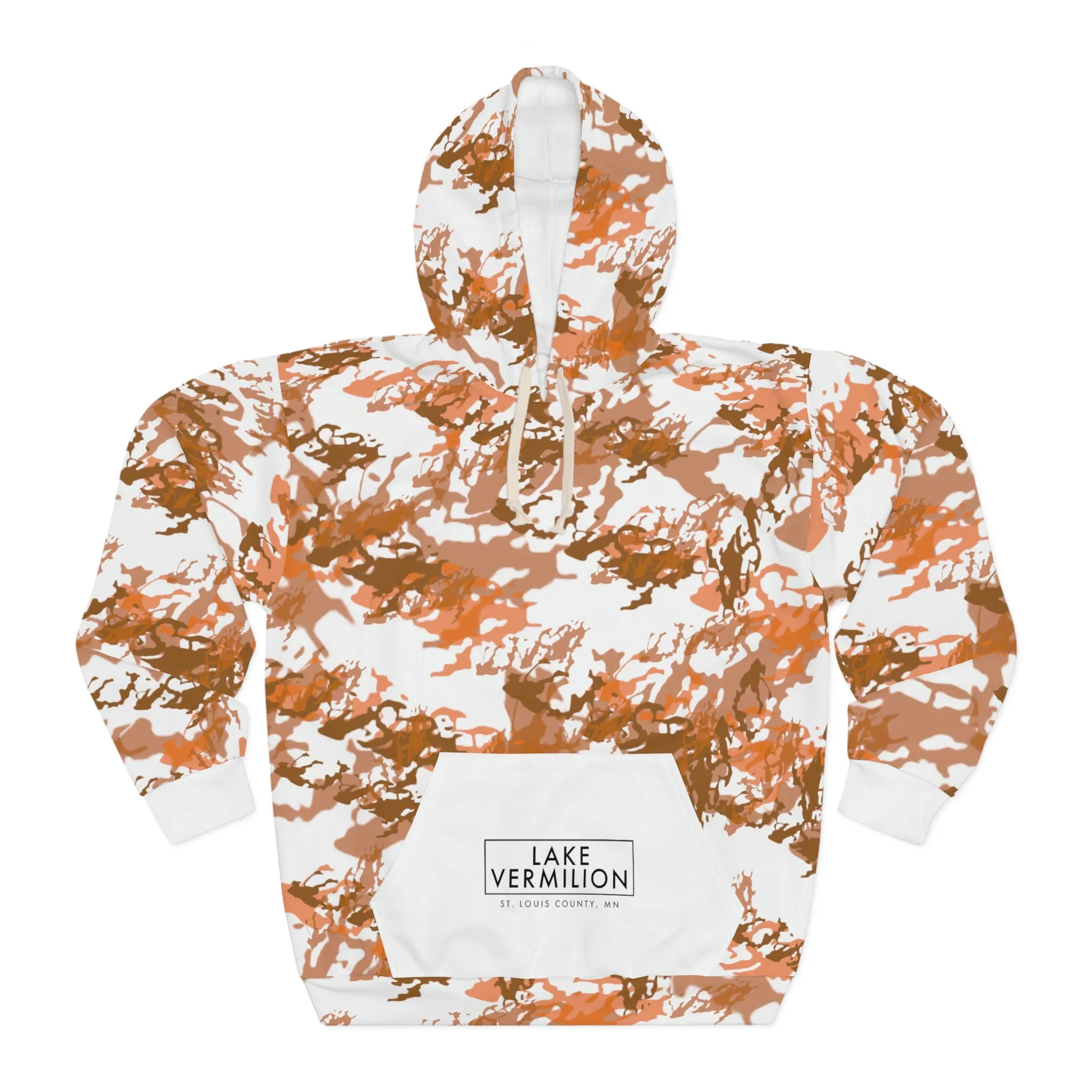 Lake Vermilion - MN - CUSTOM Vermilook® Orange Camonge - White Pocket - AOP Unisex Pullover Hoodie