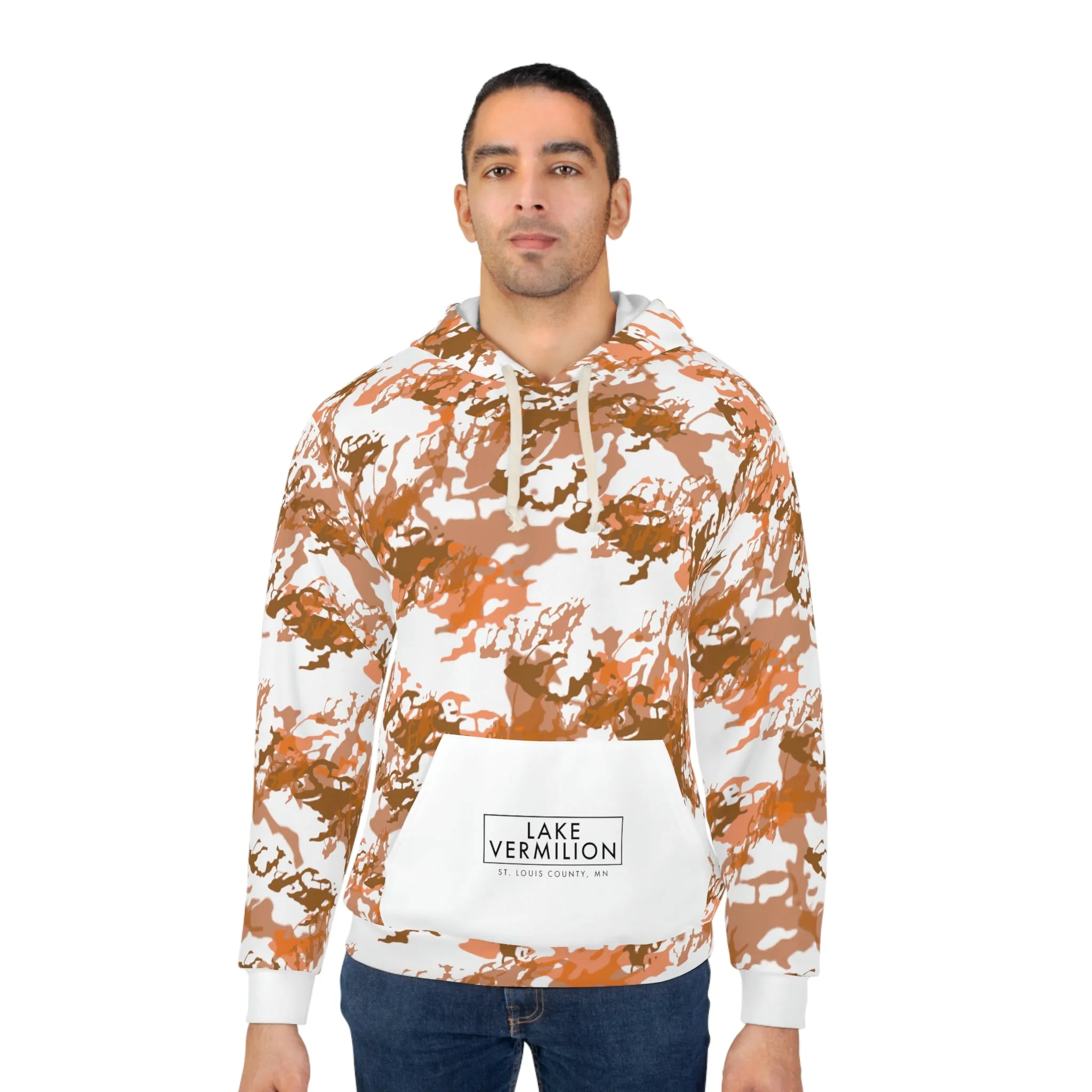 Lake Vermilion - MN - CUSTOM Vermilook® Orange Camonge - White Pocket - AOP Unisex Pullover Hoodie