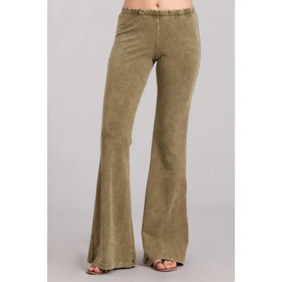 Light Olive Boho Mineral Wash Flared Bell Bottom Stretch Pull On Pants Womens