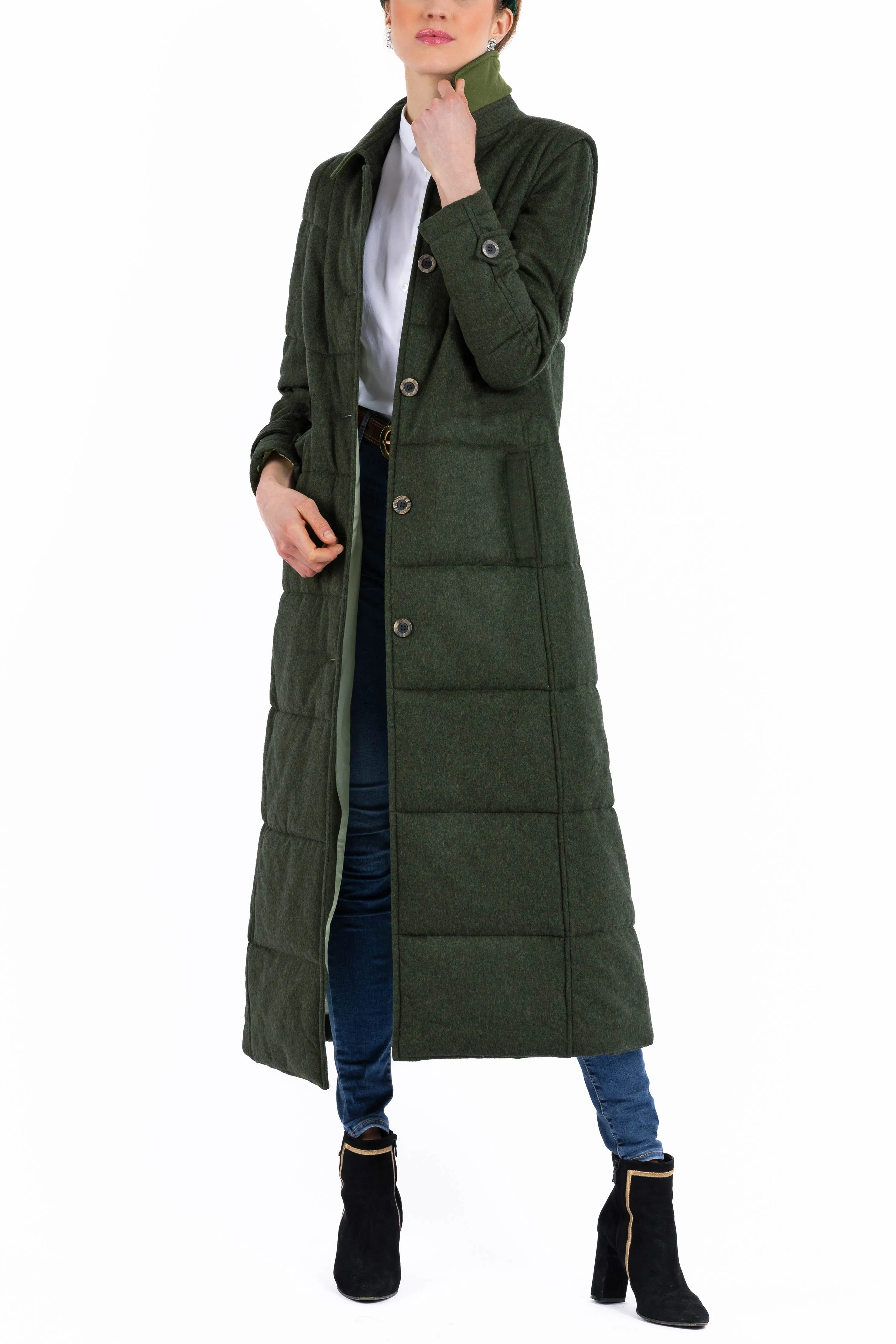 Long quilted coat made from green melange loden