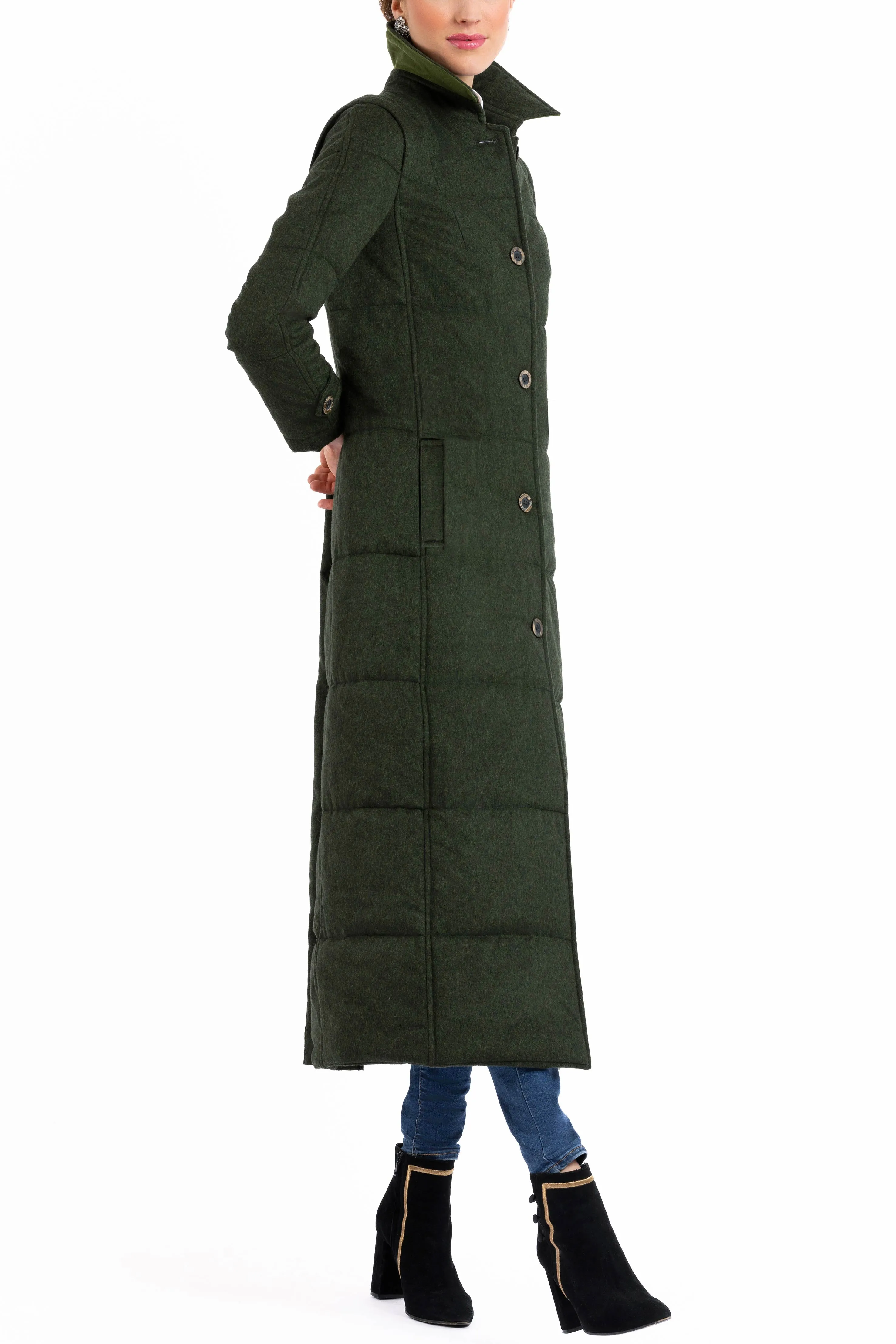 Long quilted coat made from green melange loden