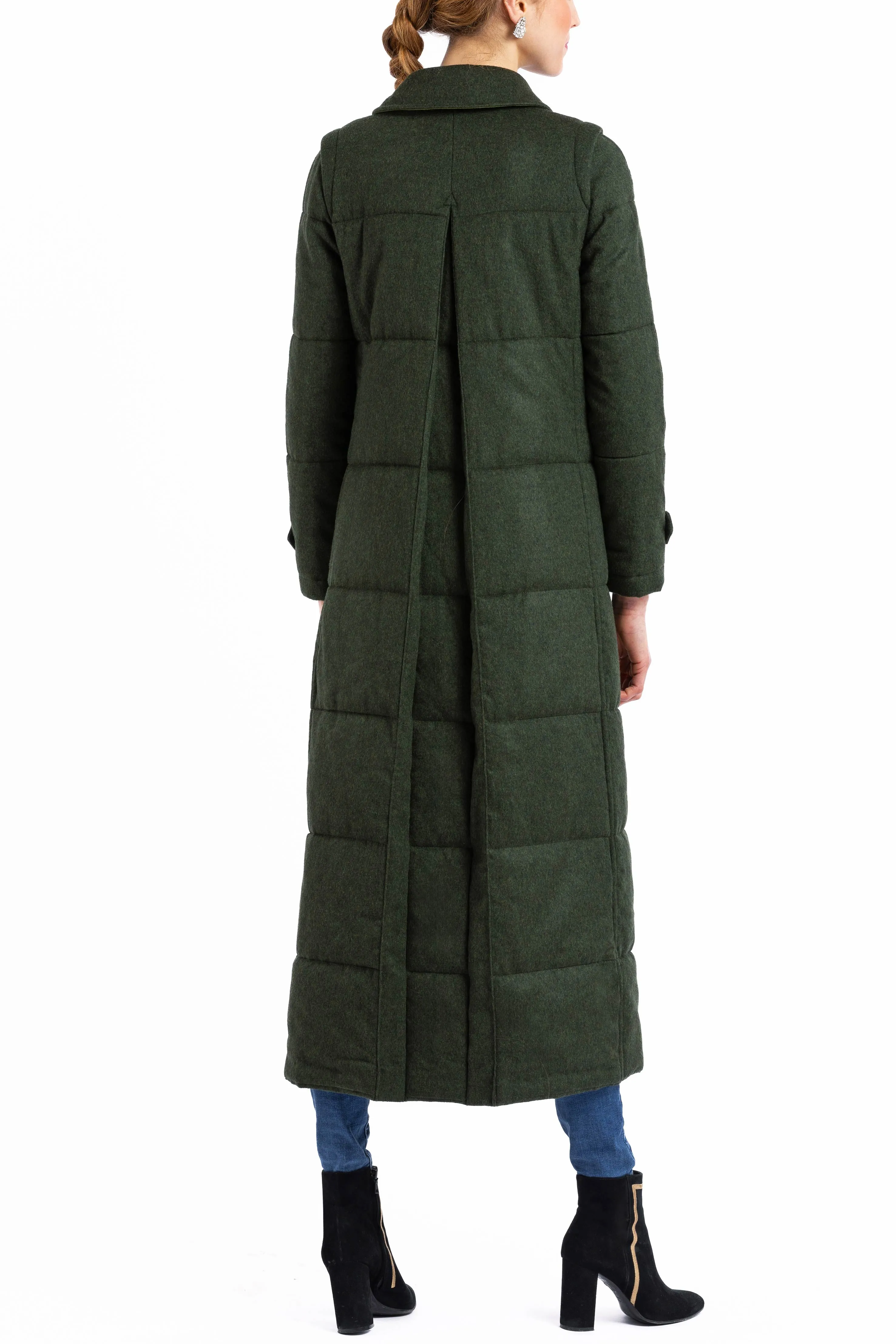 Long quilted coat made from green melange loden