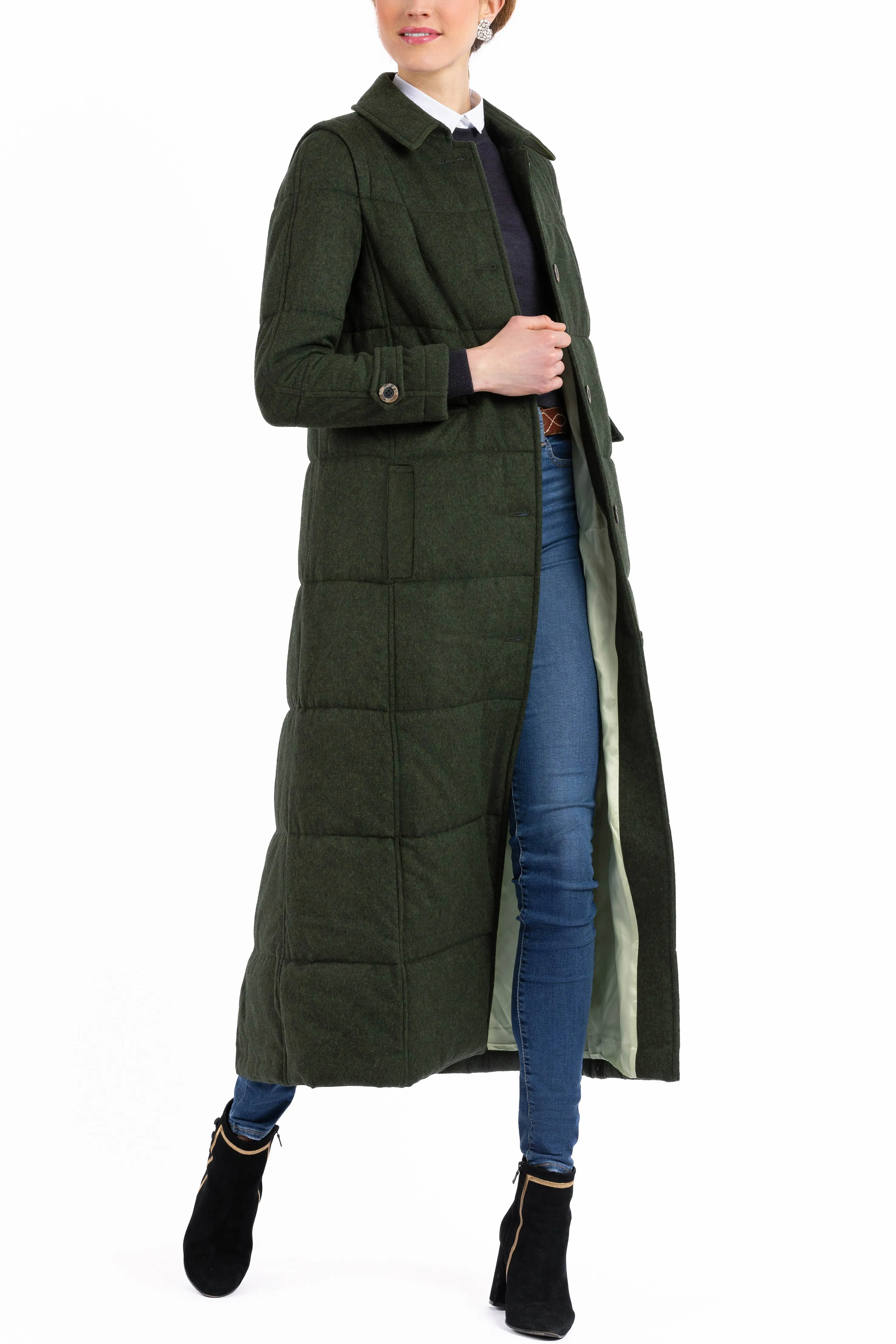 Long quilted coat made from green melange loden