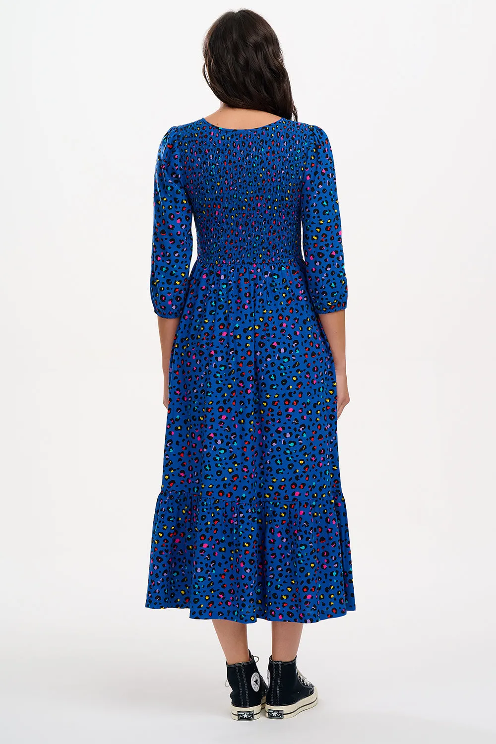 Magdalene Midi Shirred Dress - Light Navy, Rainbow Leopard