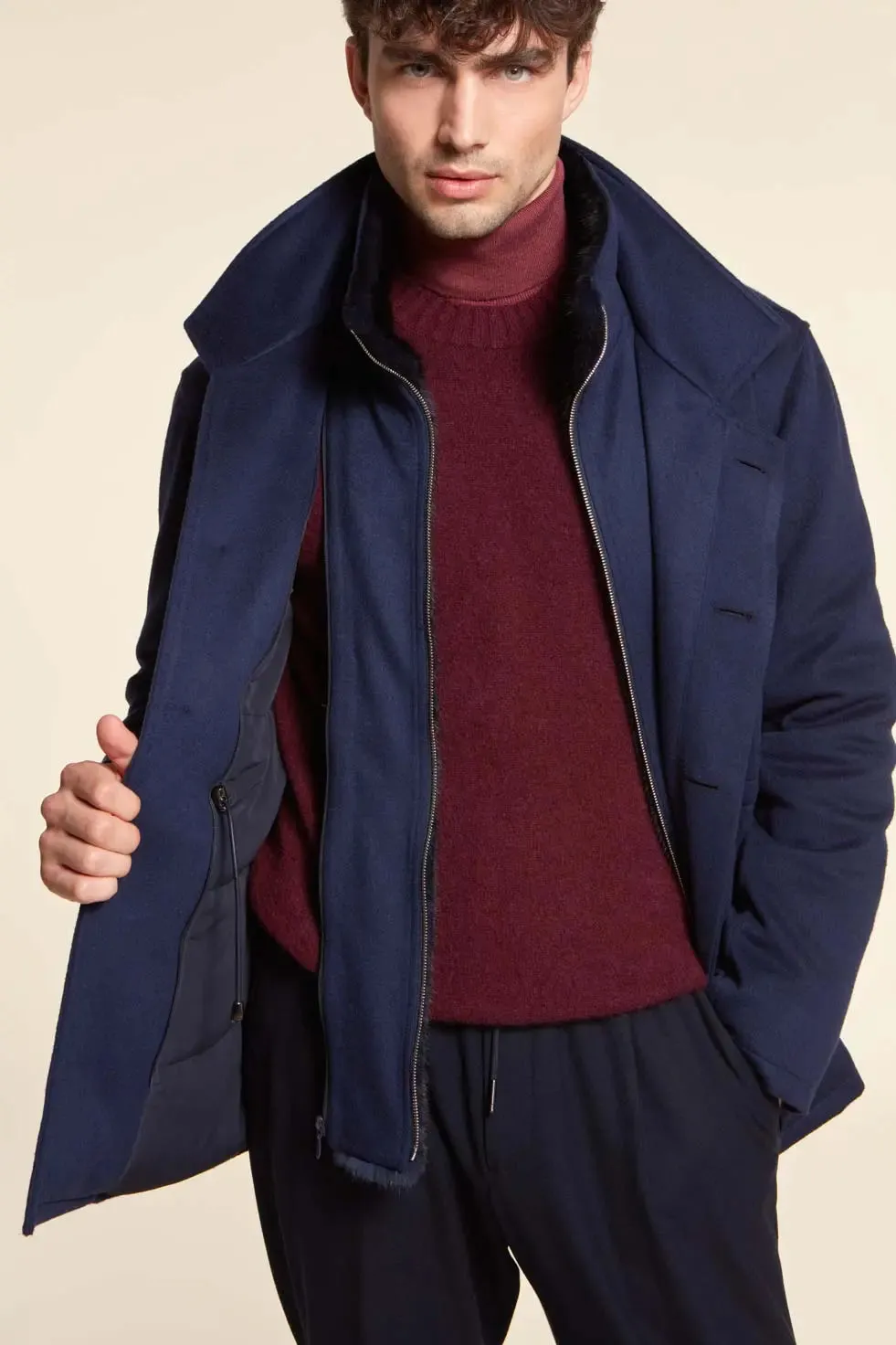 Mens blue jacket with fur collar