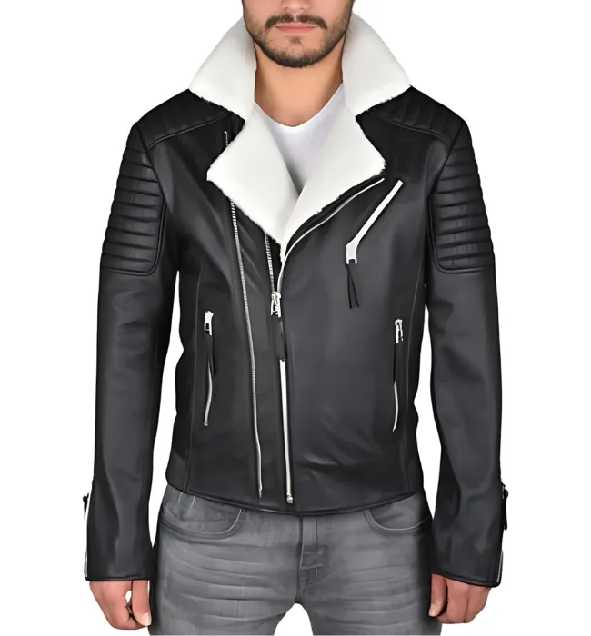 Mens Shearling Black Jacket With White Fur