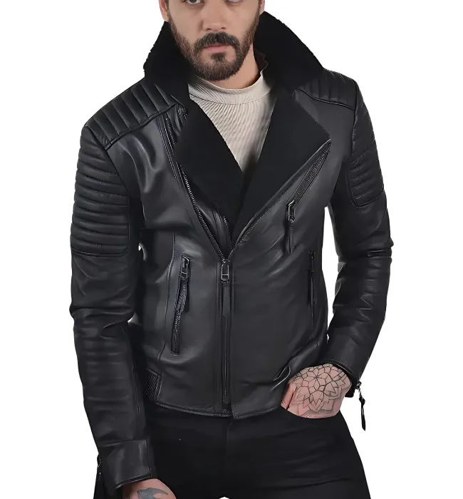 Mens Shearling Black Jacket With White Fur