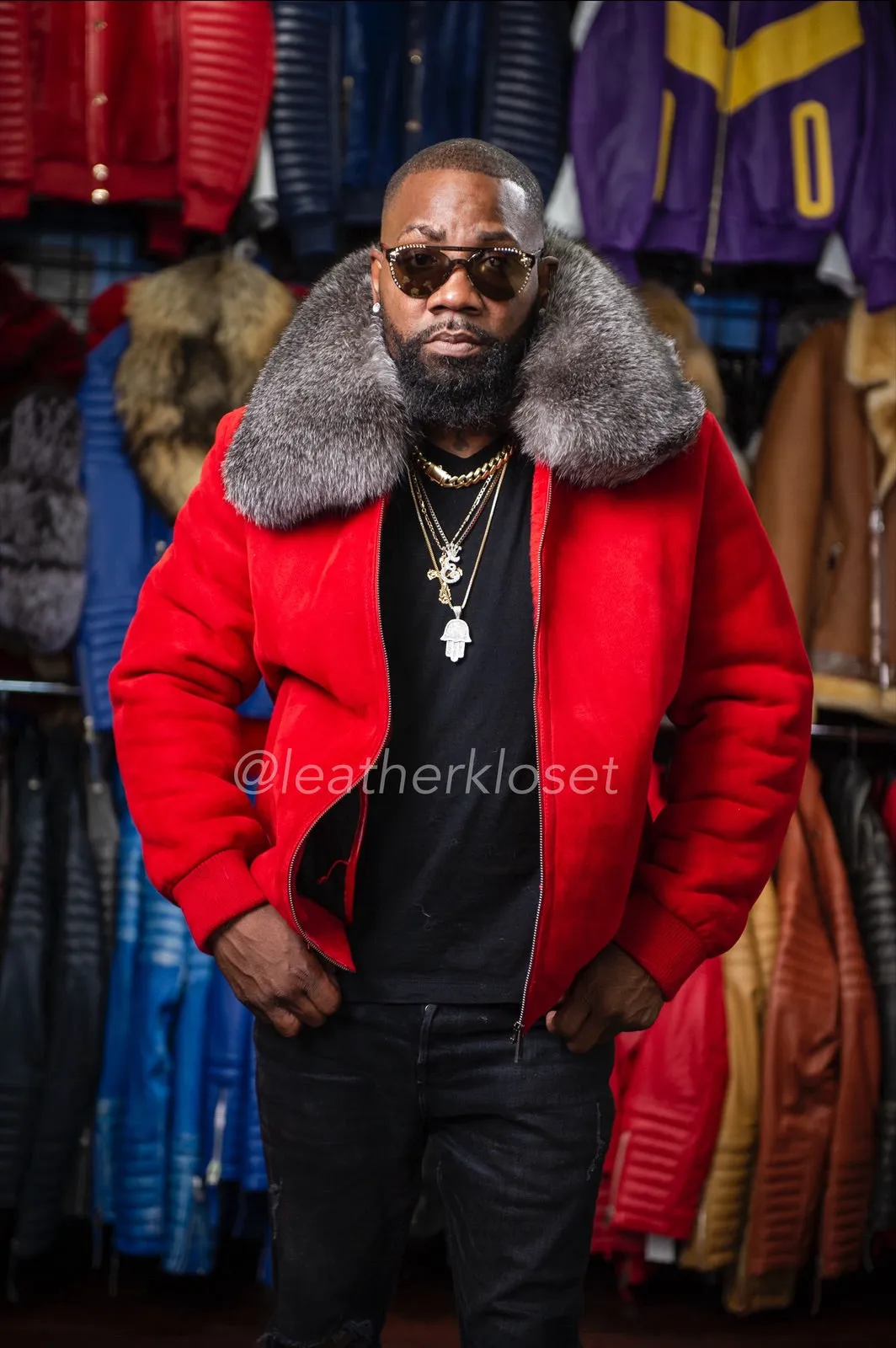 Men's Shearling Bomber Jacket with Fox Collar [Red]