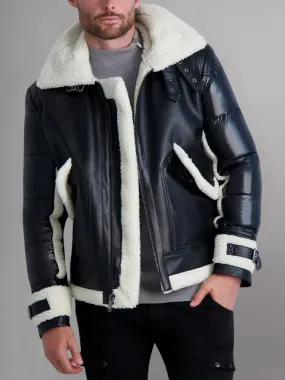 Men's -Shearling Fabric-Black leather Jacket