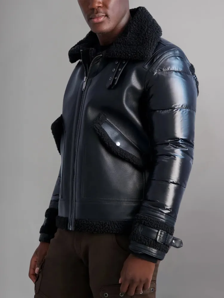 Men's -Shearling Fabric-Black leather Jacket