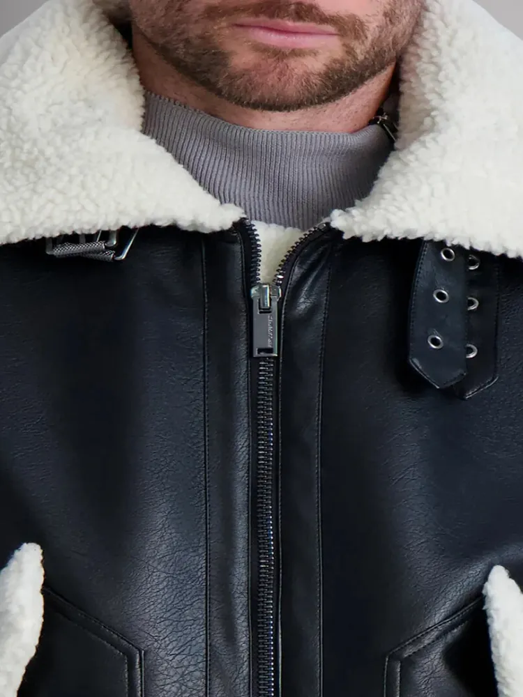 Men's -Shearling Fabric-Black leather Jacket