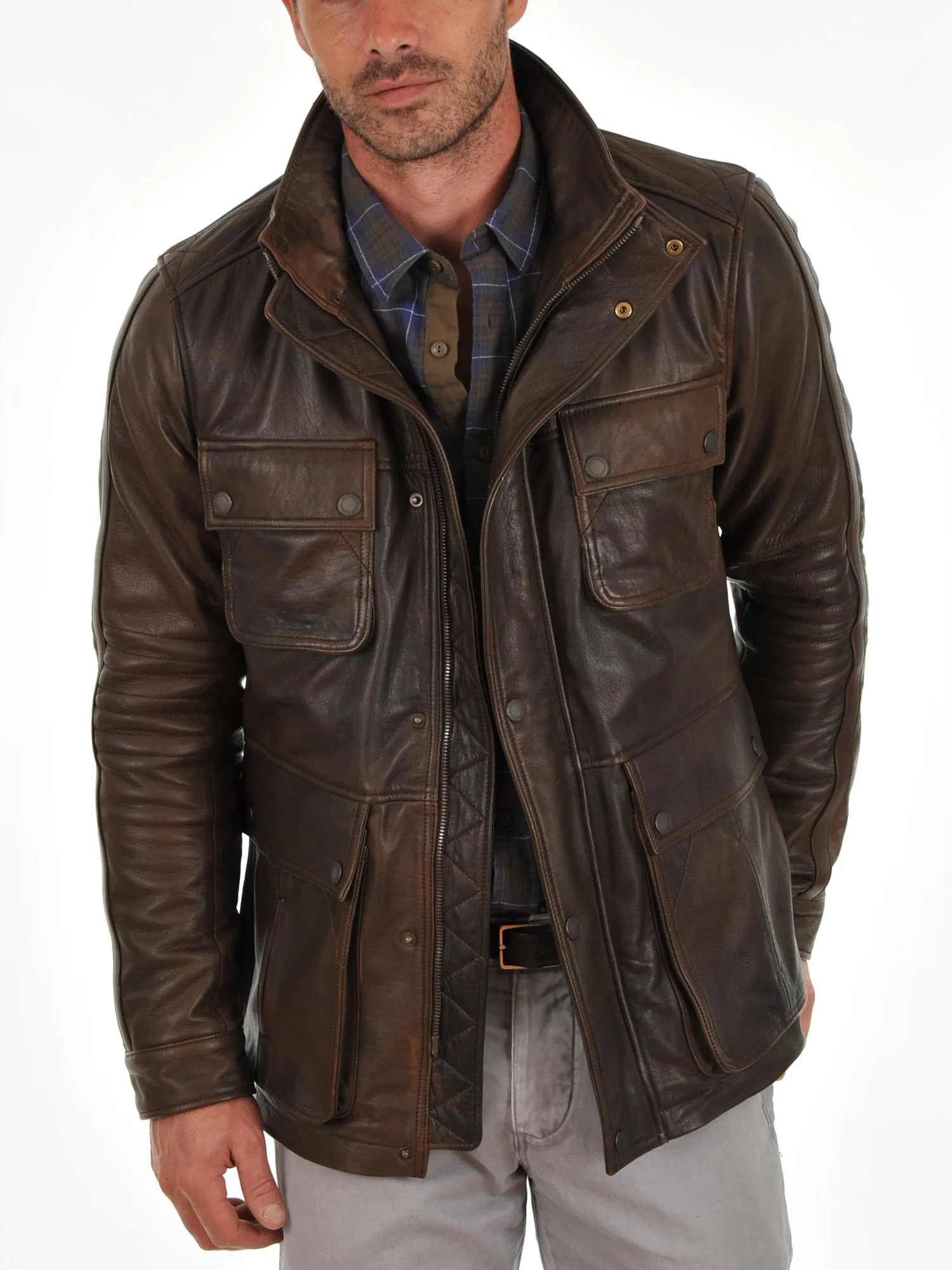 Men's Vintage Brown Leather Long Coat with Detachable Hood MC19