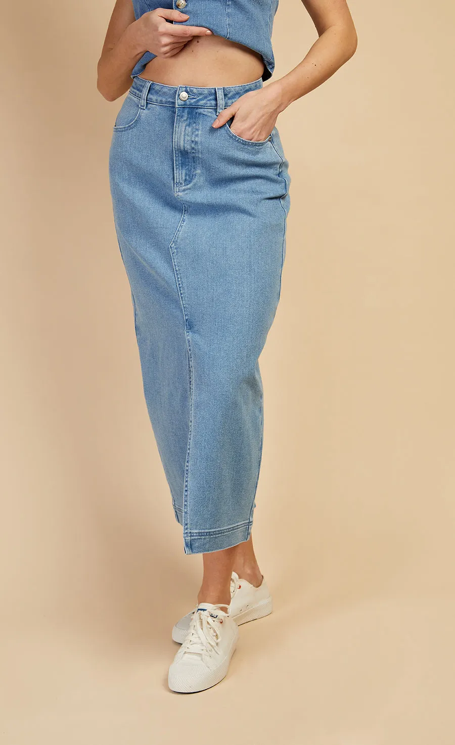 Mid-Blue Denim Midaxi Skirt by Vogue Williams