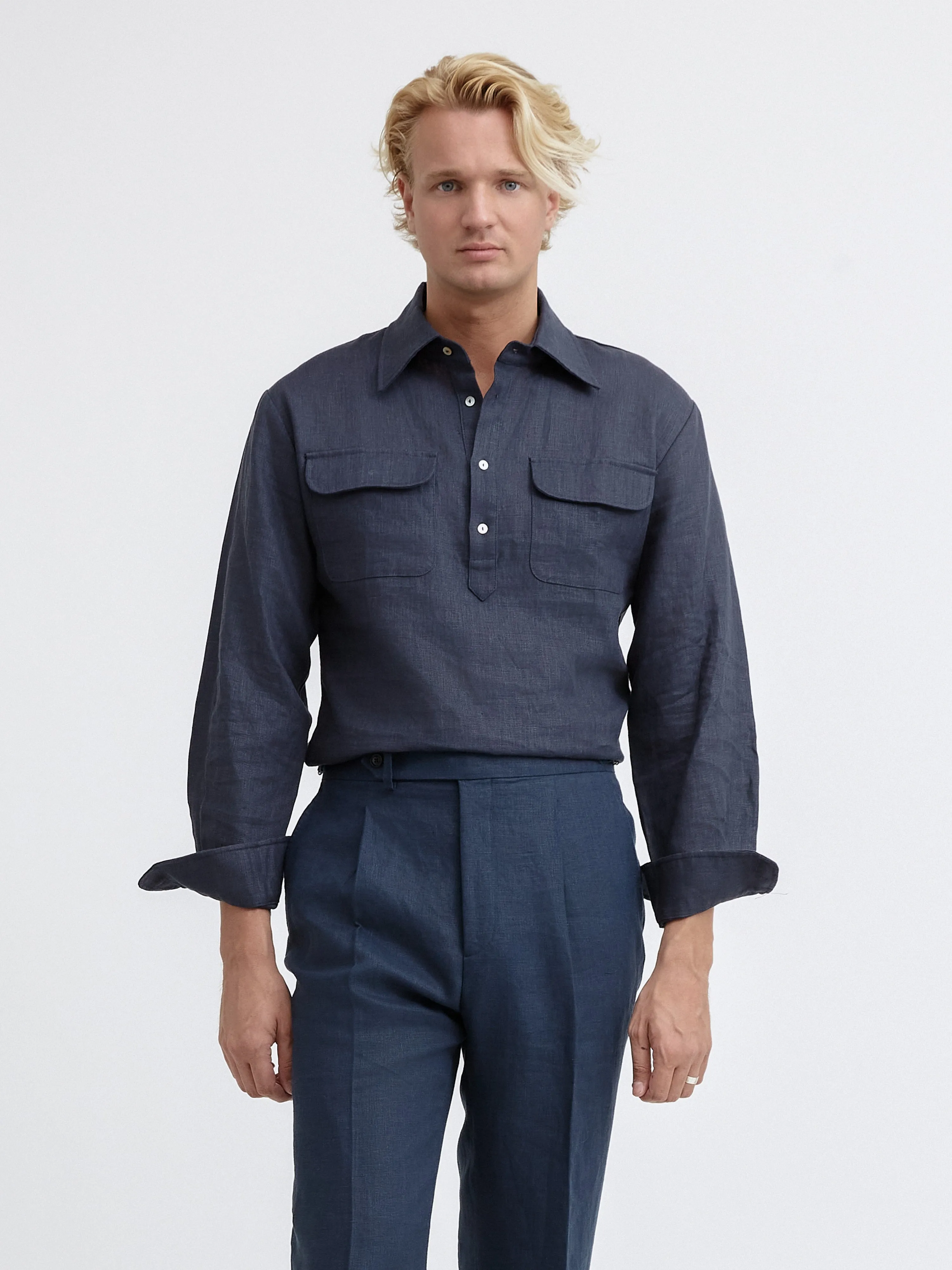 Navy Linen Popover Shirt