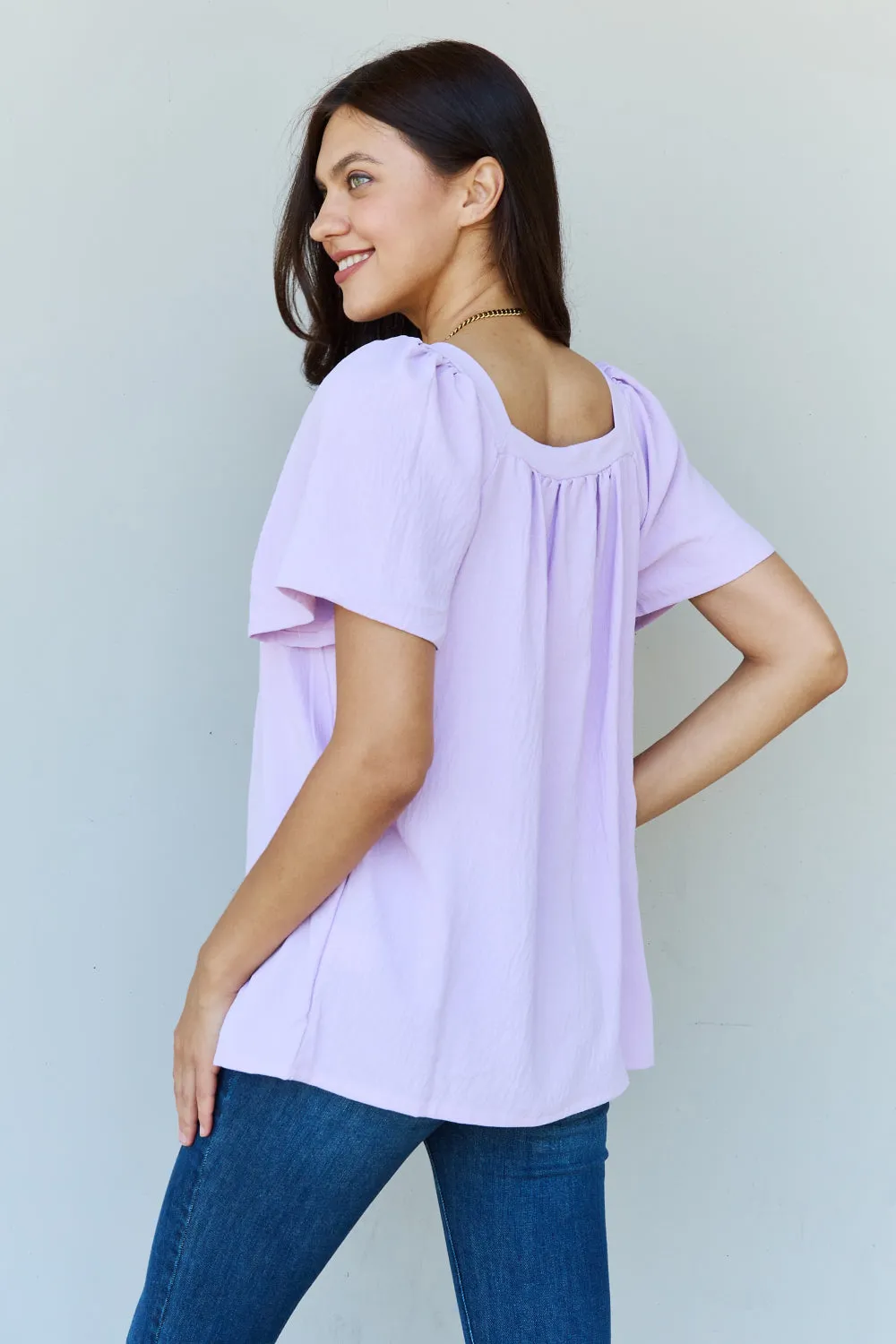 Ninexis Keep Me Close Square Neck Short Sleeve Blouse in Lavender